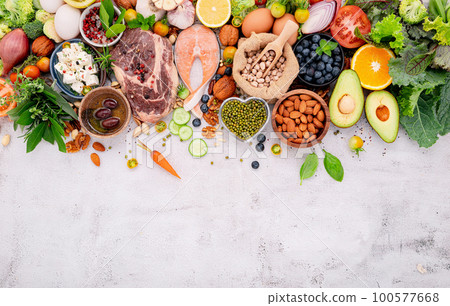 Ketogenic low carbs diet concept. Ingredients for healthy foods selection set up on white concrete background. 100577668