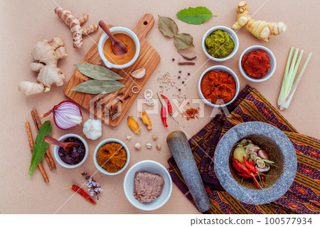 Assortment of Thai food Cooking ingredients spice taste ,healthy and delicious foods. Assortment of Thai food Cooking ingredients spice taste ,healthy and delicious foods. 100577934