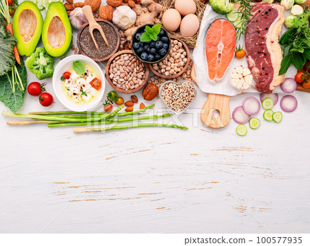 Ketogenic low carbs diet concept. Ingredients for healthy foods selection set up on white wooden background. Ketogenic low carbs diet concept. Ingredients for healthy foods selection set up on white wooden background. 100577935