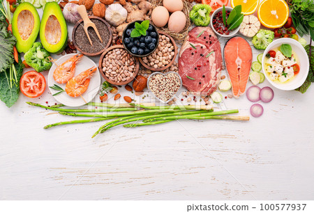 Ketogenic low carbs diet concept. Ingredients for healthy foods selection set up on white wooden background. Ketogenic low carbs diet concept. Ingredients for healthy foods selection set up on white wooden background. 100577937