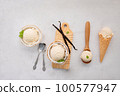 Coconut ice cream flavours in half of coconut setup on white stone background. Summer and Sweet menu concept. 100577947