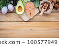 Ketogenic low carbs diet concept. Ingredients for the healthy foods selection on white background. Balanced healthy foods ingredients of unsaturated fats and fiber for the heart and blood vessels. 100577949