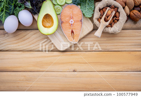 Ketogenic low carbs diet concept. Ingredients for the healthy foods selection on white background. Balanced healthy foods ingredients of unsaturated fats and fiber for the heart and blood vessels. 100577949