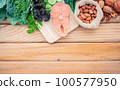 Ketogenic low carbs diet concept. Ingredients for the healthy foods selection  set up on wooden background 100577950