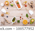 Ketogenic low carbs diet concept. Ingredients for the healthy foods selection on white background. Balanced healthy foods ingredients of unsaturated fats and fiber for the heart and blood vessels. 100577952