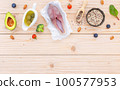 Ketogenic low carbs diet concept. Ingredients for the healthy foods selection setup on wooden background with copy space. 100577953