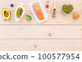 Ketogenic low carbs diet concept. Ingredients for the healthy foods selection setup on wooden background with copy space. 100577954