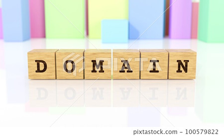 A wooden block printed with the word DOMAIN 100579822
