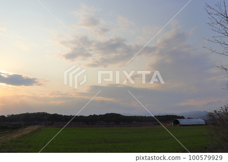 Dusk sky, clouds, sunset, field, forest Dusk sky, clouds, sunset, field, forest 100579929