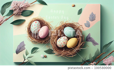 Happy Easter Day Concept. Top view easter eggs isolated on white background with copy space for text, template header for website, AI Generative 100580000