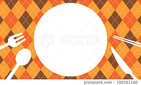 Plate and cutlery on argyle / orange (horizontal 16:9) Plate and cutlery on argyle / orange (horizontal 16:9) 100581166