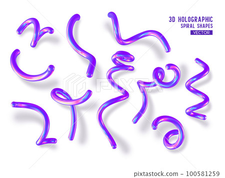Set of 3d holographic abstract spiral shapes. Glossy geometric purple primitives with shadow on white background. Iridescent trendy design, thin film effect. Vector. 100581259