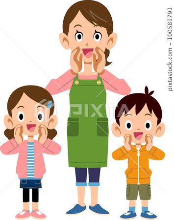 Mother and siblings calling with a smile 100581791