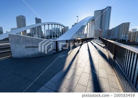 Tsukiji Ohashi Bridge and bicycle pedestrian path in sunny weather 100583459