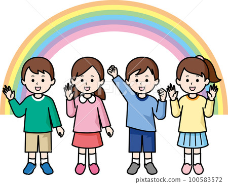 並排擺姿勢的孩子和彩虹 100583572