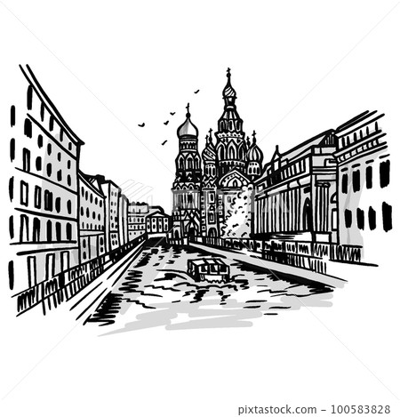 Cathedral of the Savior on Blood in St. Petersburg. Sketch. Black and white illustration. 100583828