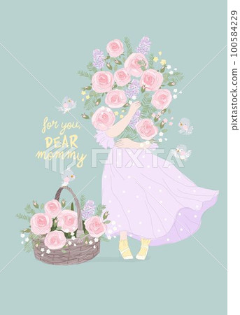 Cute Cartoon Girl holding Bouquet of Roses Cute Cartoon Girl holding Bouquet of Roses 100584229