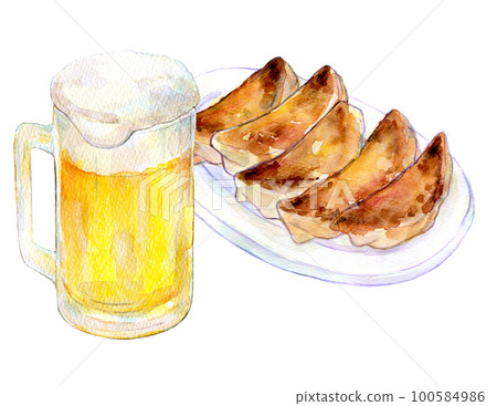 Dumplings and draft beer watercolor illustration Dumplings and draft beer watercolor illustration 100584986