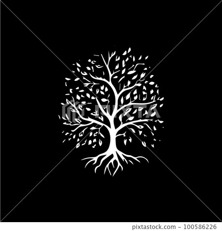 Tree with leaves silhouette icon, knowledge symbol, education abstract sign, lumberjack logo concept, carpentry logotype, t-shirt print, life symbol on black background. Isolated vector illustration 100586226