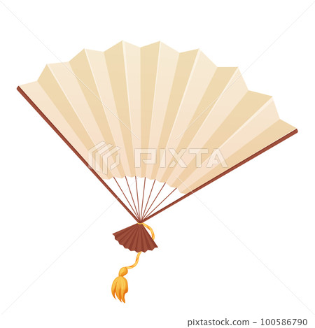 Japan traditional fan, hand accessory with wooden details with fringe in cartoon style isolated on white background. Japan traditional fan, hand accessory with wooden details with fringe in cartoon style isolated on white background. 100586790