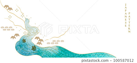 Abstract art landscape with mountain and ocean sea with hand drawn wave elements. Chinese cloud decorations with blue watercolor texture in vintage style. 100587012