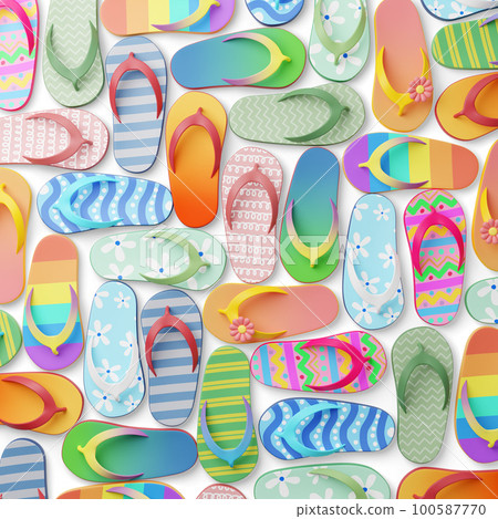 Random pattern flat lay of cute cartoon style colorful flip flops 3d render 100587770