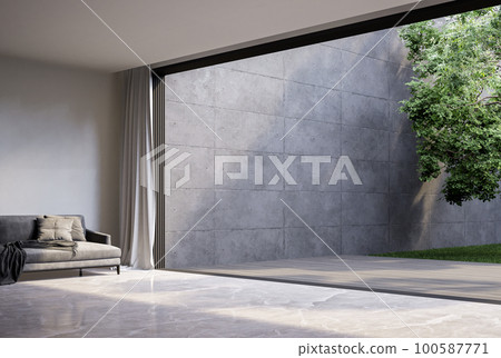 Minimal style modern white living room overlooking the wooden balcony and garden 3d render 100587771