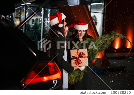 Holding fir and gift box. Happy sisters twins spends Christmas holidays together outdoors. Conception of new year 100588250