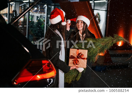 Holding fir and gift box. Happy sisters twins spends Christmas holidays together outdoors. Conception of new year Holding fir and gift box. Happy sisters twins spends Christmas holidays together outdoors. Conception of new year 100588254