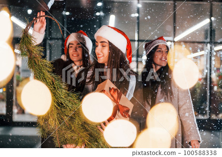 Holds fir. Three cheerful women spends Christmas holidays together outdoors. Conception of new year Holds fir. Three cheerful women spends Christmas holidays together outdoors. Conception of new year 100588338