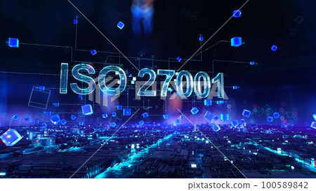 ISO 27001 -businessman working and touching with virtual reality at night office 100589842