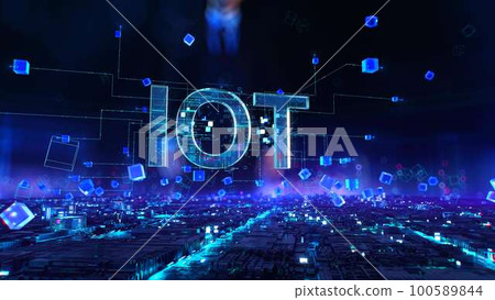 IOT - businessman working and touching virtual reality at night office. IOT - businessman working and touching virtual reality at night office. 100589844