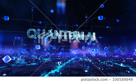 Quantum AI - businessman working and touching with virtual reality at office. 100589849