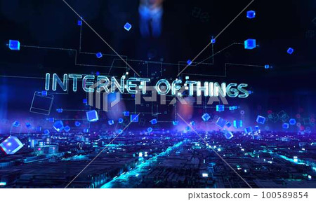Internet of Things - businessman working with virtual reality at night office. Internet of Things - businessman working with virtual reality at night office. 100589854