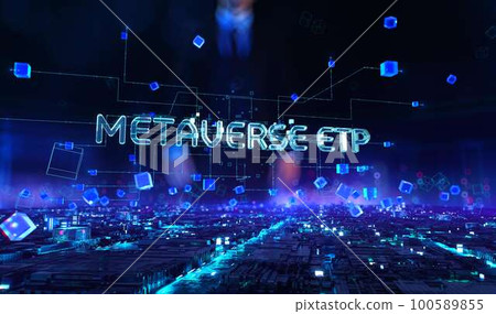 Metaverse Etp- businessman working and touching virtual reality at night office. Metaverse Etp- businessman working and touching virtual reality at night office. 100589855
