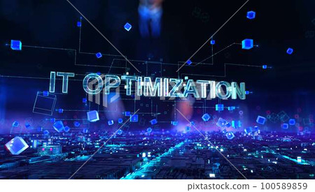 IT Optimization - businessman working, touching virtual reality at night office. IT Optimization - businessman working, touching virtual reality at night office. 100589859