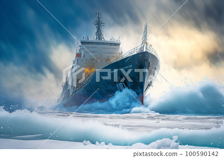 Icebreaker breaks ice hummocks and ice floes in the Arctic Ocean against of dramatic sky. Generative AI illustration Icebreaker breaks ice hummocks and ice floes in the Arctic Ocean against of dramatic sky. Generative AI illustration 100590142