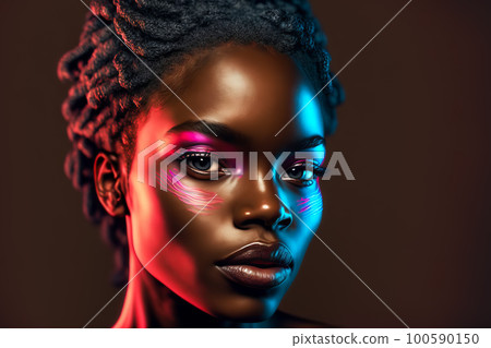 Fashion portrait beautiful black woman in neon studio lighting. Generative AI illustration Fashion portrait beautiful black woman in neon studio lighting. Generative AI illustration 100590150