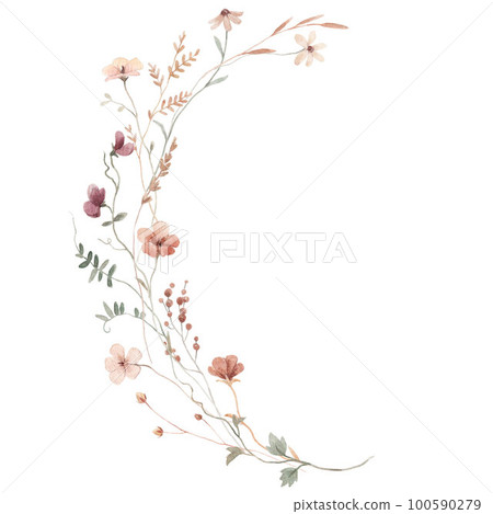 Beautiful floral frame with hand drawn watercolor wild herbs and flowers. Stock illustration. 100590279