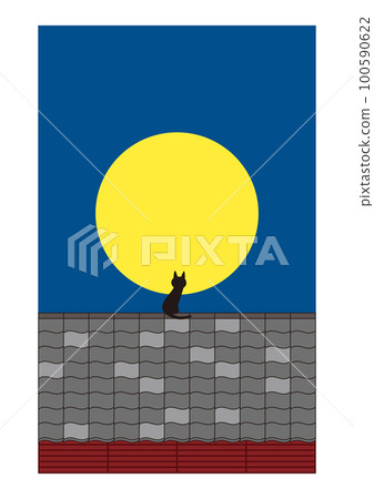 A cat looking at the moon on a tiled roof A cat looking at the moon on a tiled roof 100590622