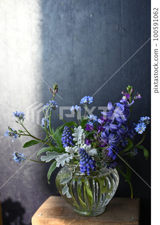 Early spring blue flowers freshly picked from the garden are displayed on the windowsill 100591062