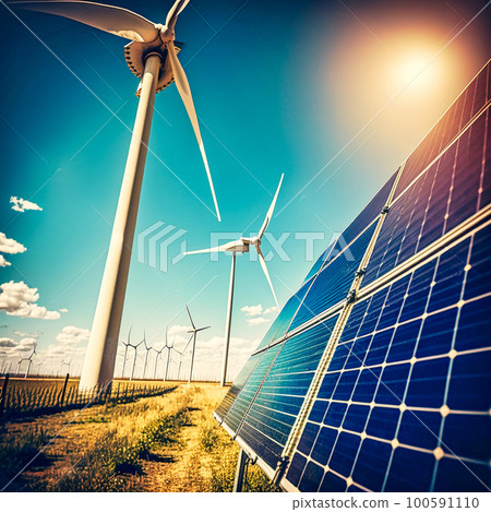 solar panels and wind turbines in the field, generative AI solar panels and wind turbines in the field, generative AI 100591110