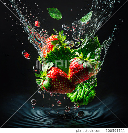 Strawberries with green leaves on black background, generative AI Strawberries with green leaves on black background, generative AI 100591111