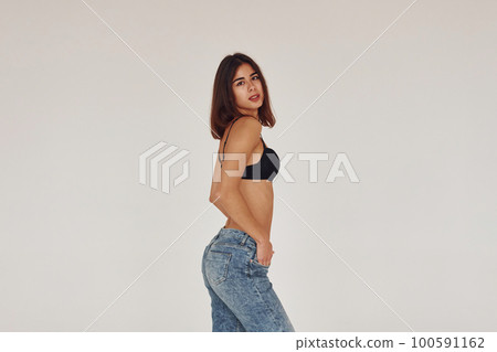 Attractive Young Woman Bra Jeans Isolated Stock Photo 61224667