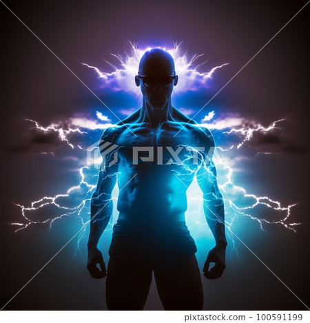 Man in lightning flashes body silhouette, generative AI 100591199