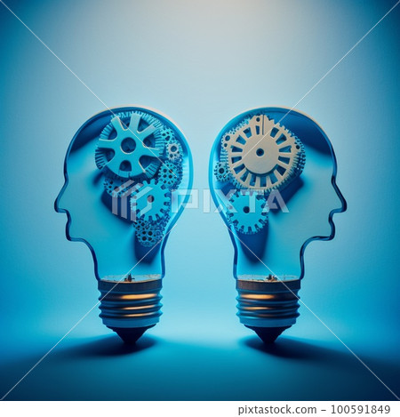Two human heads made of gears with light bulb shape inside looking each side over blue background, generative AI 100591849