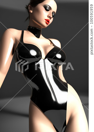 Woman dressed in latex leather bodysuit for - Stock