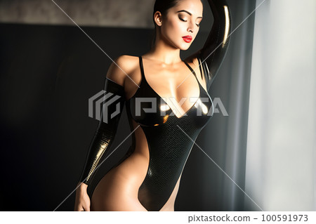 Woman dressed in latex leather bodysuit for adult bdsm games. Generative AI Woman dressed in latex leather bodysuit for adult bdsm games. Generative AI 100591973