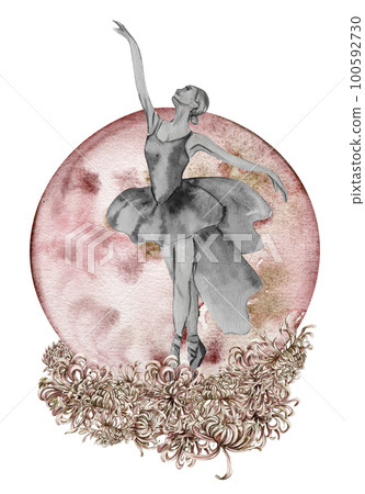 Watercolor dancing pretty ballerina with flowers and moon. Watercolor hand drawn illustration. Can be used for cards or posters. With white isolated background. Young pretty ballerina women. Watercolor dancing pretty ballerina with flowers and moon. Watercolor hand drawn illustration. Can be used for cards or posters. With white isolated background. Young pretty ballerina women. 100592730