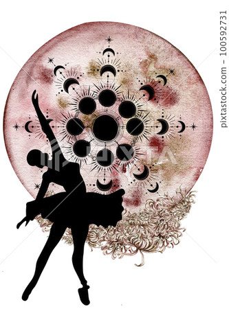 Watercolor dancing pretty ballerina with flowers and moon. Watercolor hand drawn illustration. Can be used for cards or posters. With white isolated background. Young pretty ballerina women. Watercolor dancing pretty ballerina with flowers and moon. Watercolor hand drawn illustration. Can be used for cards or posters. With white isolated background. Young pretty ballerina women. 100592731